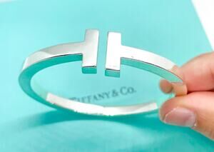 Tiffany & Co. T Square Sterling Silver Bangle Bracelet 6.5" Hinged w/ Box